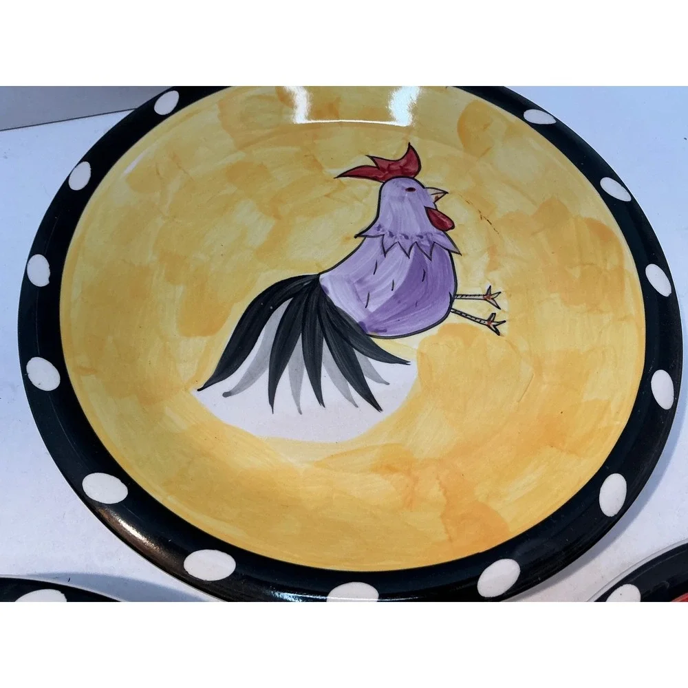 Vintage Rooster Ceramic Plates Set of 3 Polka Dot Rim 8 Inch Farmhouse